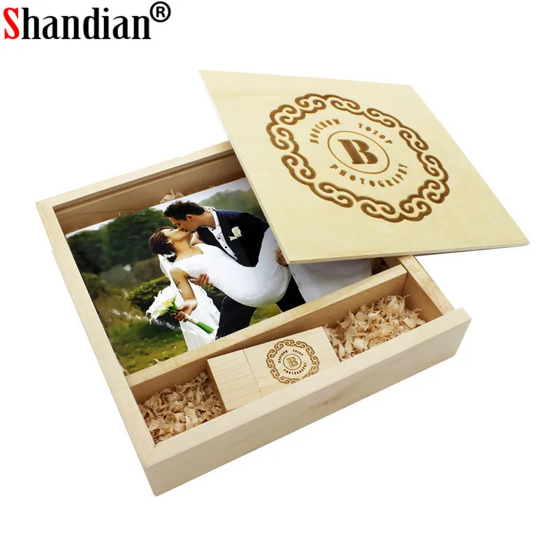 SHANDIAN(Free logo ) Wooden Photo Album Box USB 2.0 Pendrive 4GB 16GB 62GB 64GB DIY Engraved Logo Wedding Memory 170*170*35mm