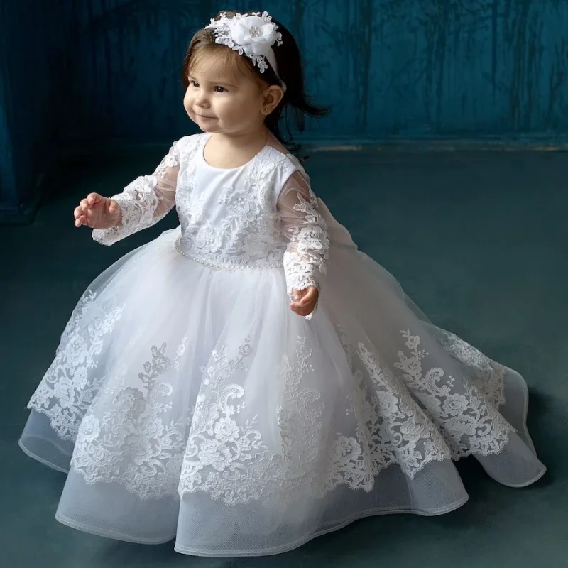 

Baby Baptism Dresses Tulle White Appliques With Bow Long Sleeve For Wedding Birthday Holy Communion Gowns Flower Girl Dresses
