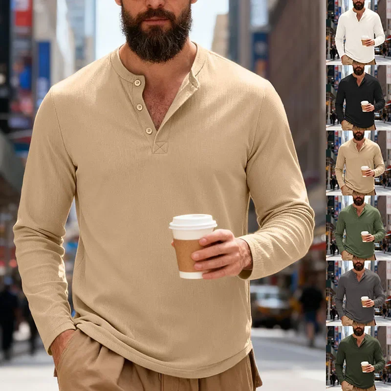 

Трансграничные новые продукты, весенне-осенняя мужская свободная повседневная рубашка Генри с длинными рукавами и ребристым материалом