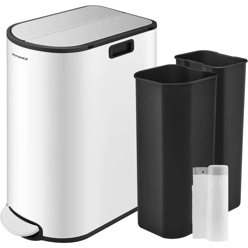 13-Gallon Dual Kitchen Trash Can, 5.3 and 8 Gallon Compartments, Garbage Can with Wing Lids, Stainless Steel