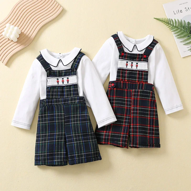 2024 New Kids Handmade Embroidery Jumpsuit and White Shirt Spanish Boutique Romper Sets 2 Pieces For Baby Girls Spring Summer