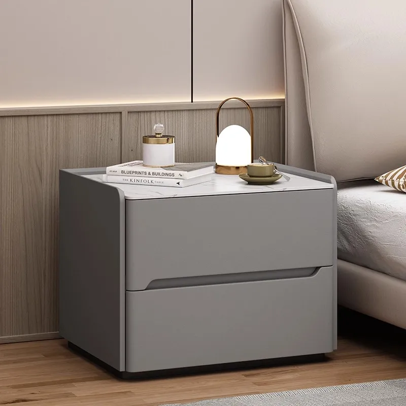 Solid Wood 40cm Nightstand with 2 Drawers Modern Style Leather Bedroom Bedside Table with Sintered Stone Top Storage Cabinet
