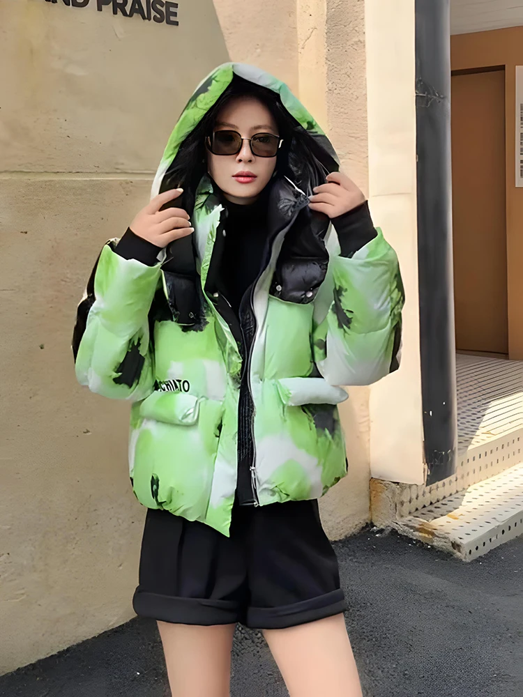 

Зимний короткий пуховик с принтом Tie Dye и капюшоном, женский повседневный пуховик на белом утином пуху, женская толстая теплая верхняя одежда на молнии Parker