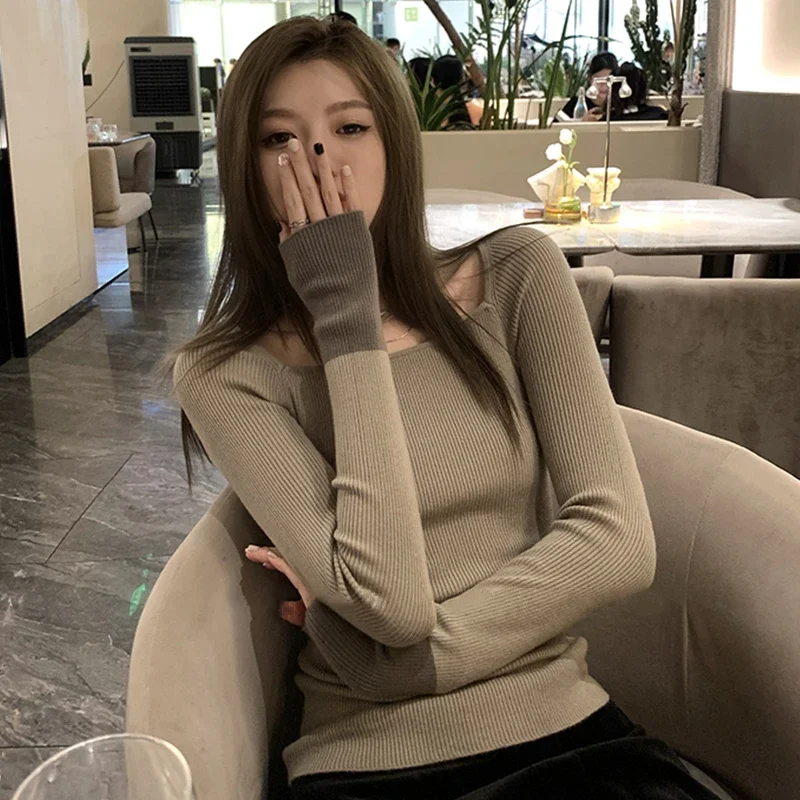 Women Color Block Square Neck Ribbed Knit Top Patchwork Cuff Slim Fit Unique Design Layering Sweater