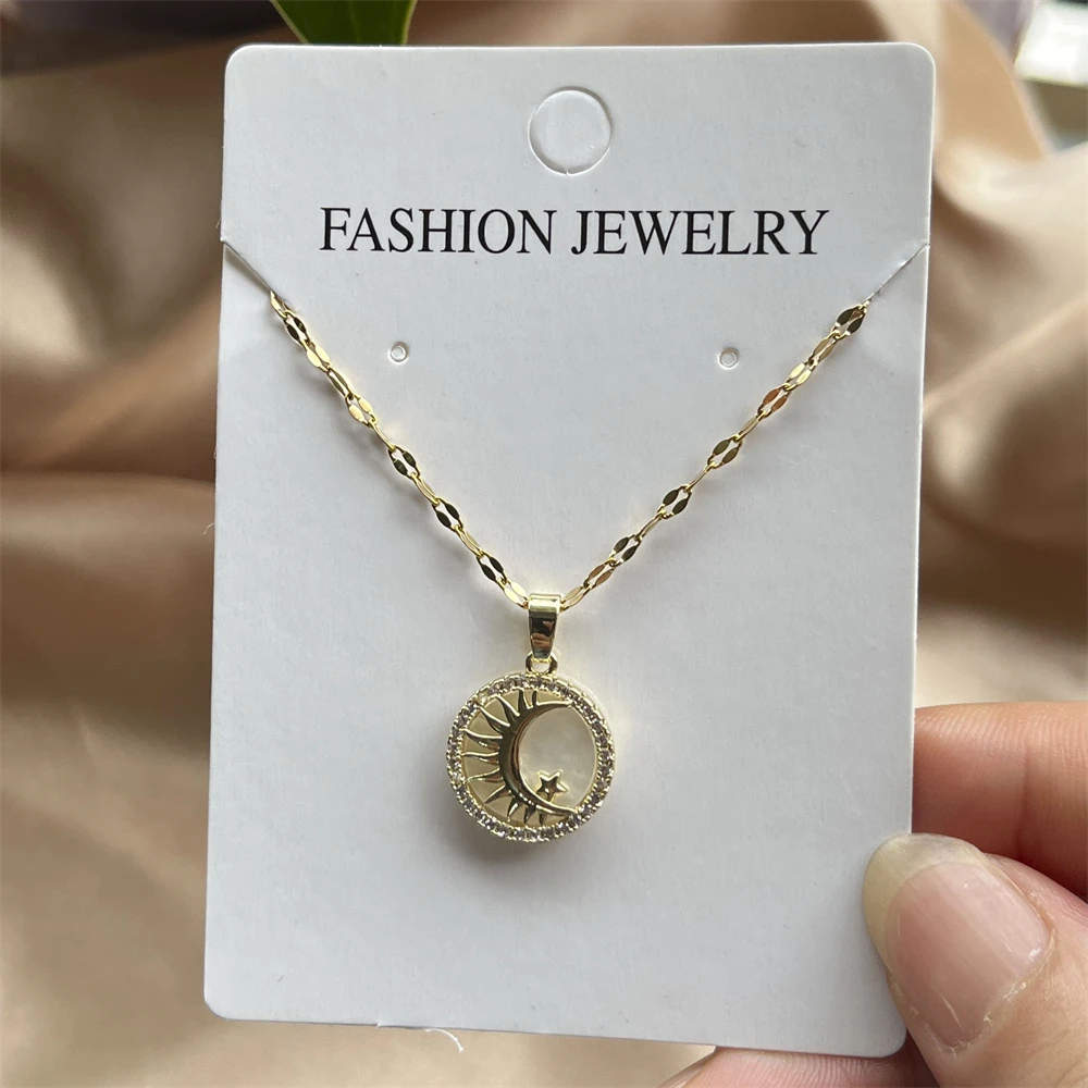 Vintage Moon And Star Round Shell Pendant Necklace For Women Gold Color Stainless Steel Chain 2024 Trend Jewelry Wedding Gift image 2