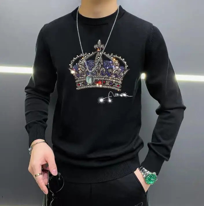 

Pullover sweater Men Cartoon Fashion Pullovers Crewneck Rhinestones Clothes winter top Male