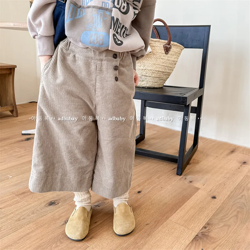 Children Clothing Kids Cause Warm Pants 2023 Autumn Winter New Fashionable Girls Korean Style Corduroy Wide Leg Kids Pants