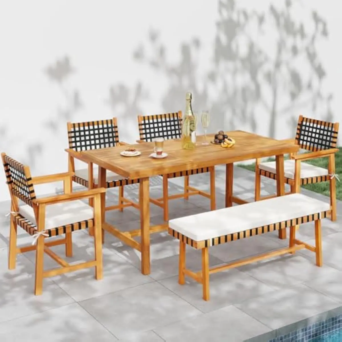 6-Piece Rustic Outdoor Dining Ensemble Featuring 63-Inch Acacia Table with Center Umbrella Opening, Solid Bench and Four Ergonom