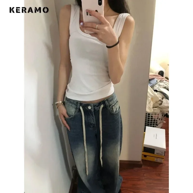 Harajuku Vintage Drawstring High Waist Loose Jeans 2023 Autumn Pants Winter Women\'s Y2K Wide Leg Baggy Streetwear Denim Trouser