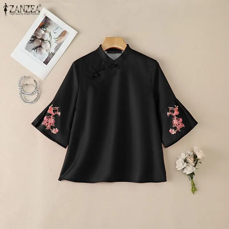 ZANZEA Chinesischer Stil Vintage Damenbluse, elegantes Arbeitshemd mit Stehkragen und 3/4-Ärmeln, bedruckte Oberteile mit Knöpfen, Blusas – Detail 16