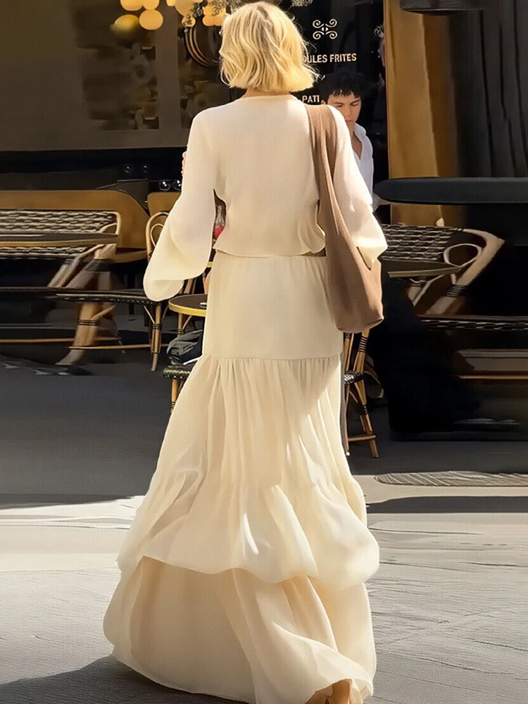 Mozision Elegant Sexy Two Piece Set Women V Neck Long Sleeve T-shirt Maxi Skirt Matching Set Female Loose Pleated Club Dress Set