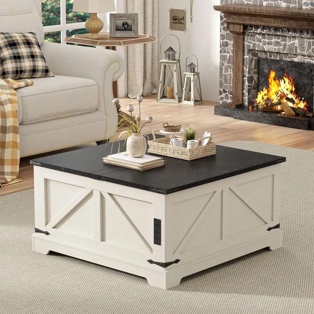

Table with Storage, Farmhouse Lift Top Wood Square Center Table with Charging Station, Rustic Cocktail Tables with Flip Top Lids