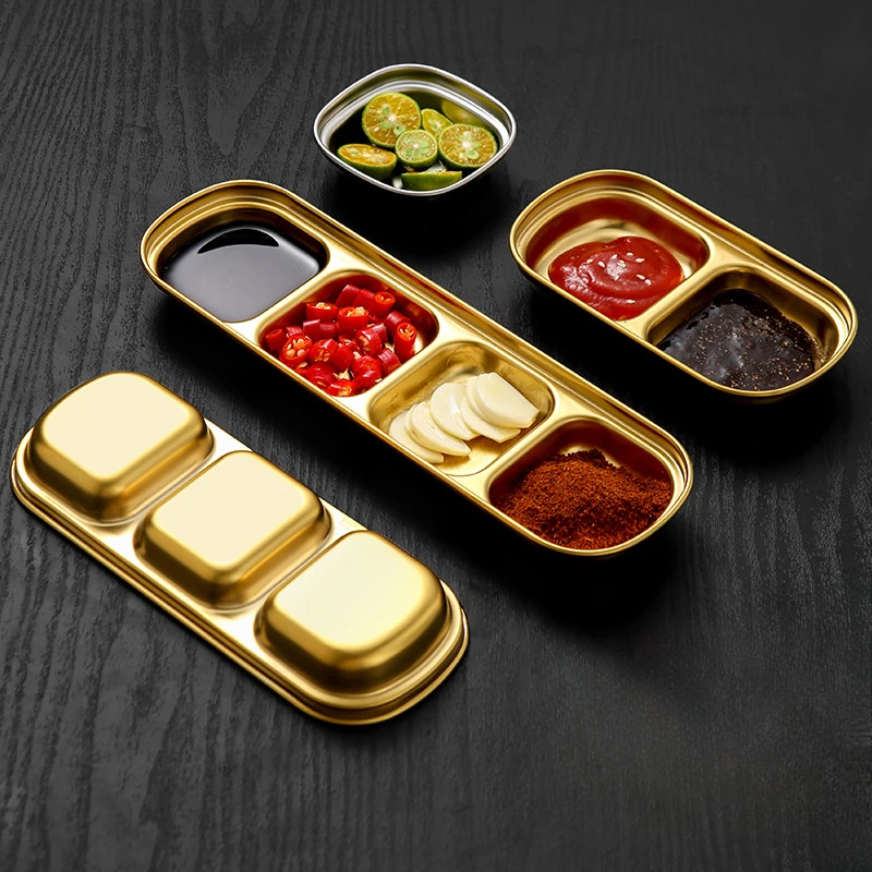 Stainless Steel Divided Dip Bowls Sauce Plate Seasoning Dipping Condiment Tray for BBQ Vinegar Spice Ketchup Salt Sugar Flavor