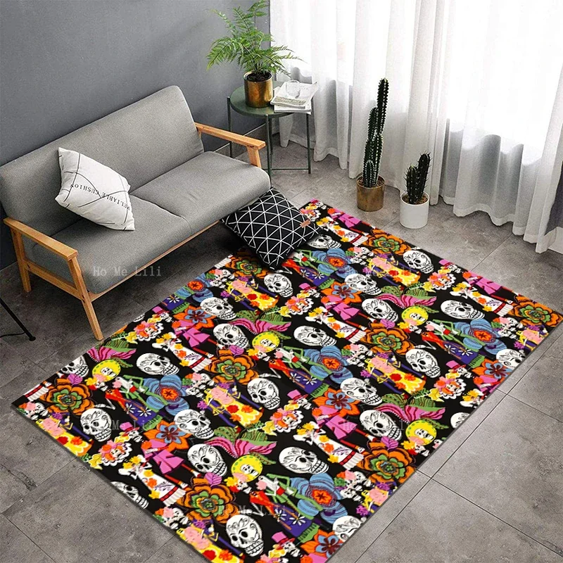 Seamless Colorful Sugar Skulls Classic Day Of The Dead Elegant Skeleton Non Slip Flannel Floor Rugs By Ho Me Lili Soft Carpet