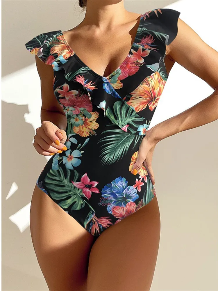 Sexy Micro Bikini One Piece Swimsuit Women 2024 Swimwear Vintage Bathing Suit Shoulder Ruffle Swmiming Suit Backless Monokini