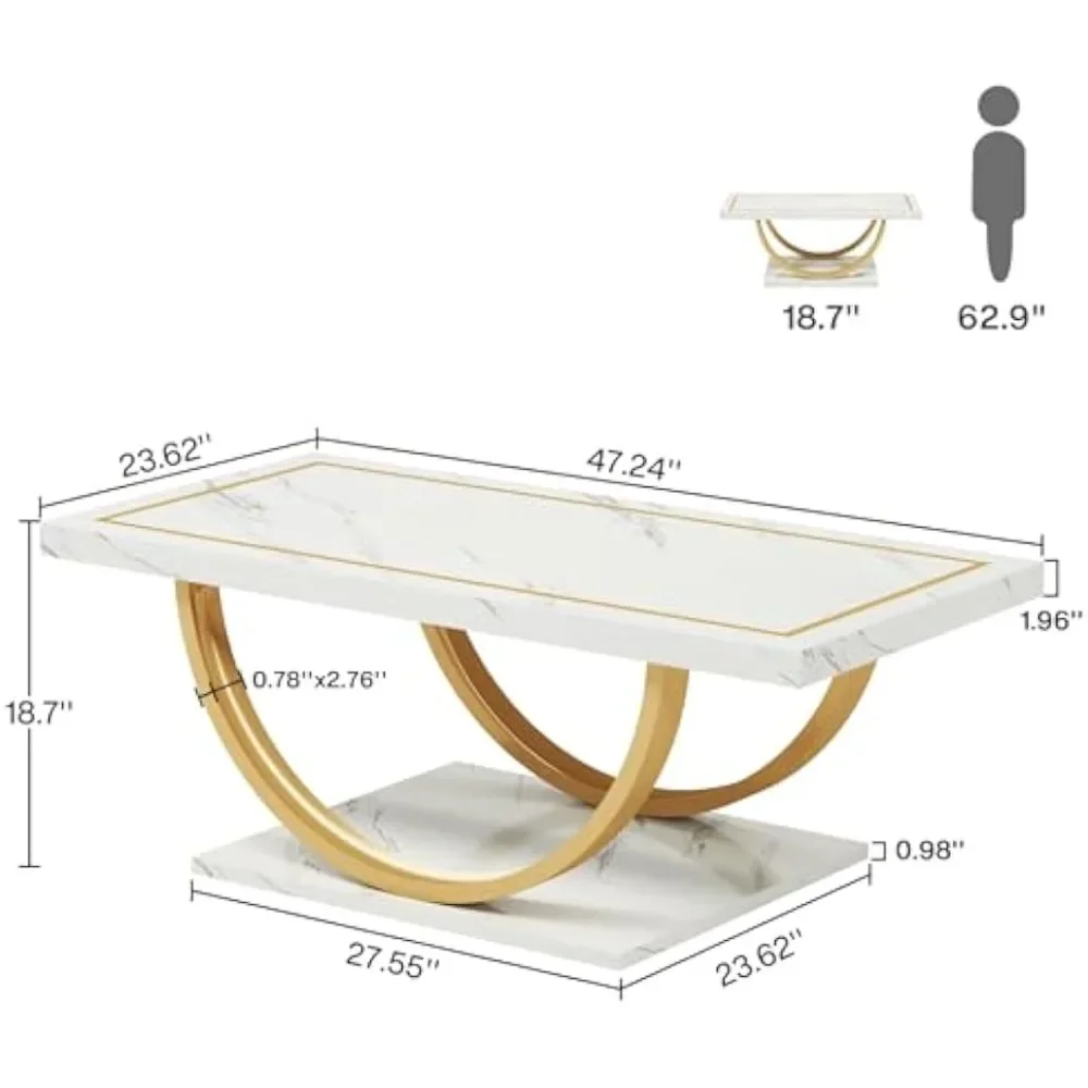 Coffee Table White Gold Engineered Wood Coffee Table with Faux Marble Veneer and Metal Frame Rectangle Coffee Table,Furniture