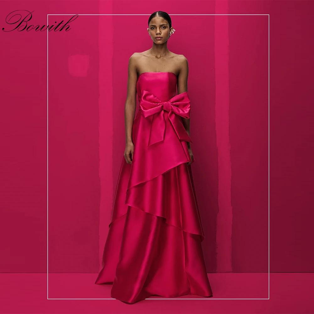 

Bowith Fuchsia Black Girls Evening Dresses Strapless Bow Draped Prom Gown Customized Party Dresses for Special Occasion