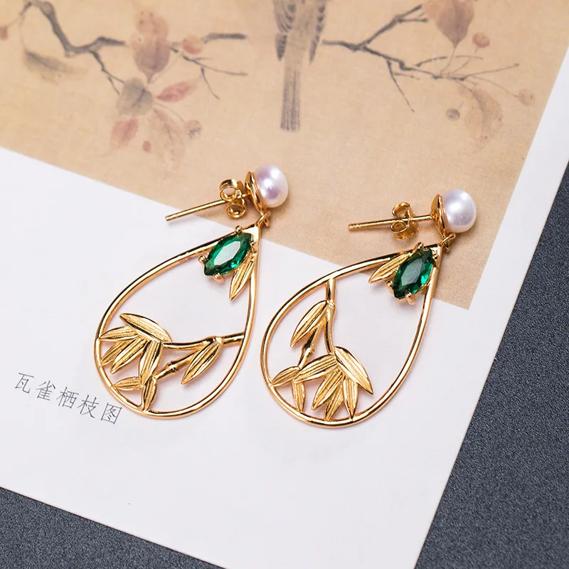 

S925 Silver-green Bamboo Leaf Earrings, Fashionable And Light Luxury Golden Stud Earrings, Chinese Freshwater Pearl Earrings