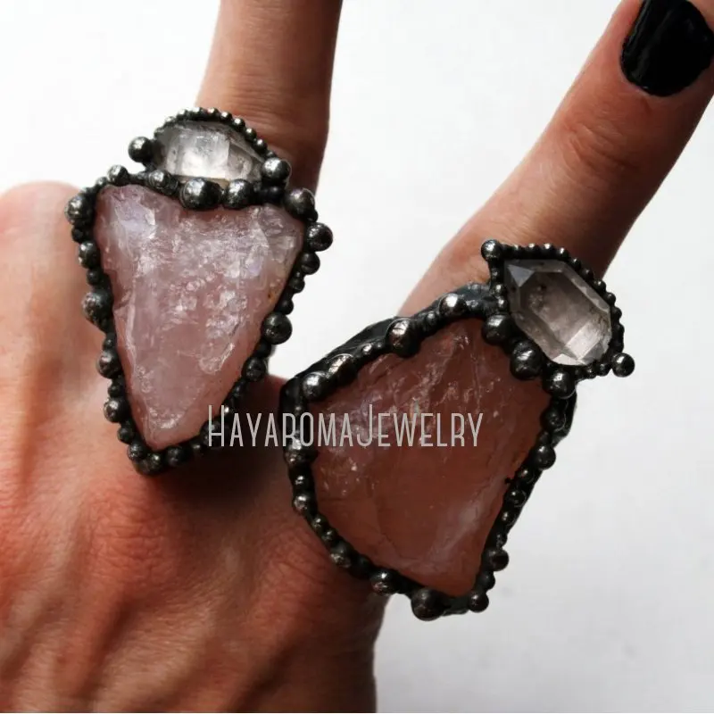 

Rose Quartz Tibetan Herkimer Point Statement Gothic Witch Ring Women Steampunk Halloween Occult Healing Crystal Jewelry