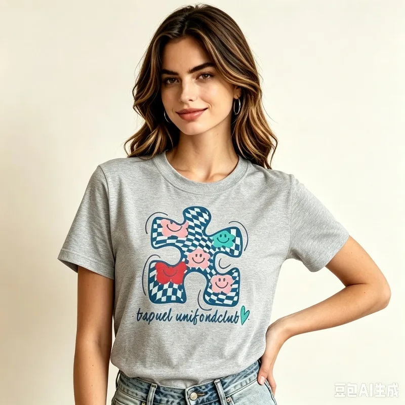 Puzzle Smile Heart Print Women T-Shirt 100% Cotton Regular Fit Round Neck Short Sleeve Funny Casual Tee for Daily Streetwear