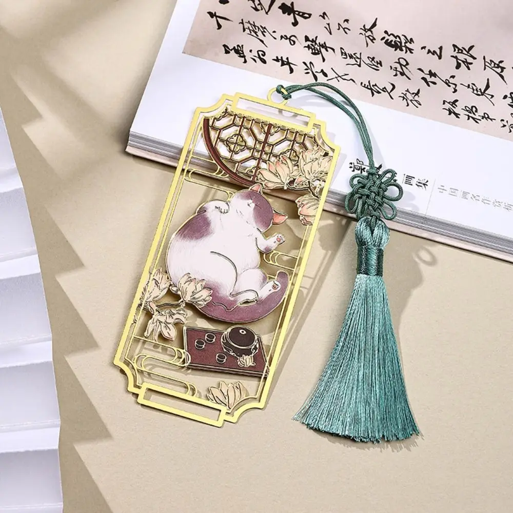 Cat Hollowed Cat Bookmark Flower Tassels Metal Reading Bookmark Retro Fashion Chinese Style Bookmarks Office Supplies