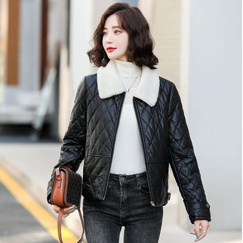 2023 Autumn Winter New Short Cotton Padded PU Leather Jacket Women Fashion Slim Large Size Outwear Temperament Casual Jacket