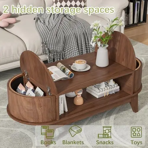 Tavolino ribaltabile con contenitore, tavolo centrale moderno in legno (noce)