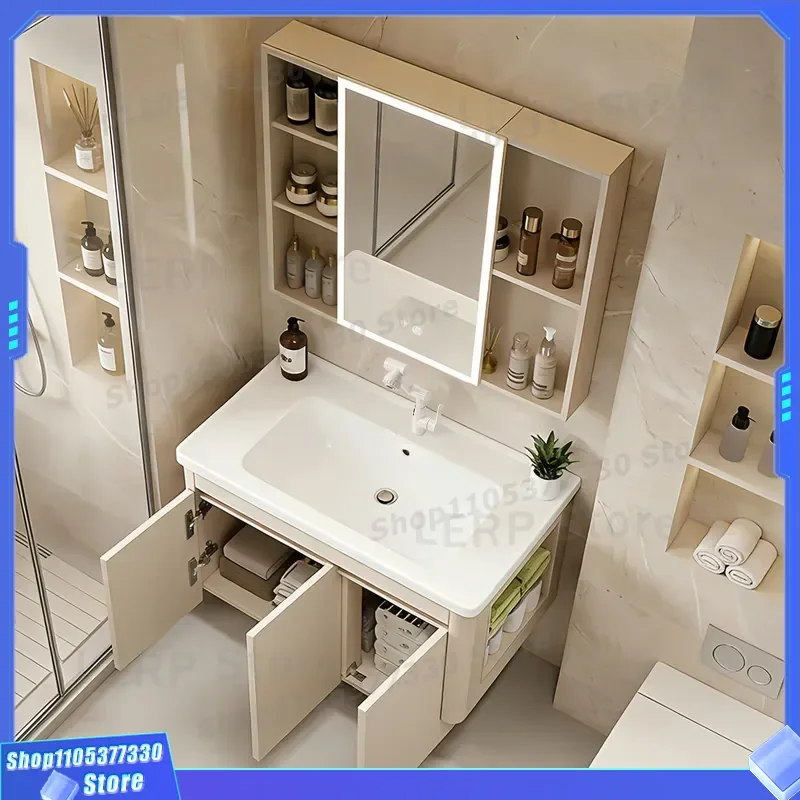 Modern Cream Bathroom Vanity Cabinet With Ceramic Integrated Basin Honeycomb Side Storage Unit For Washroom Toilet Area Sink