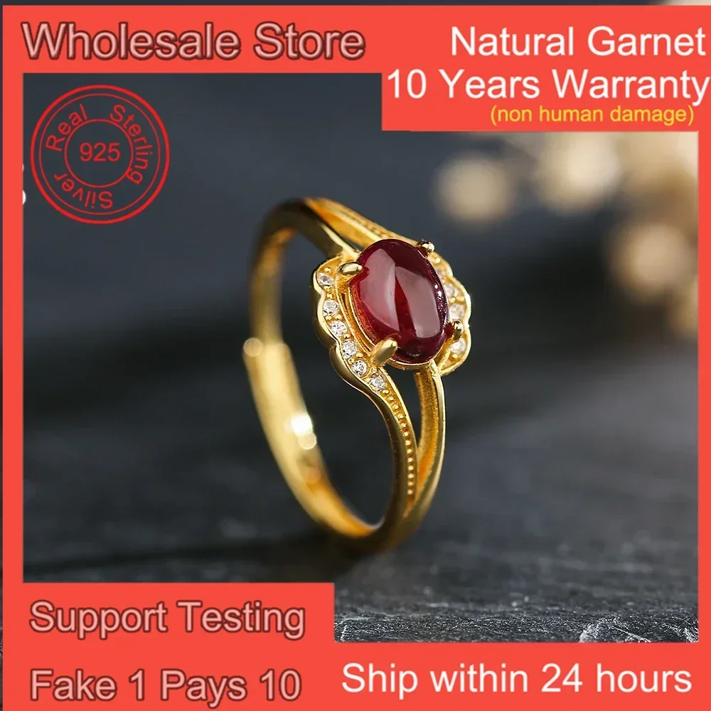 Natural Gems Garnet 7*5mm Oval Cut Stone 925 Sterling Silver 18K Gold Plated Women's Ring February Birthstone Jewelry Boho Gifts