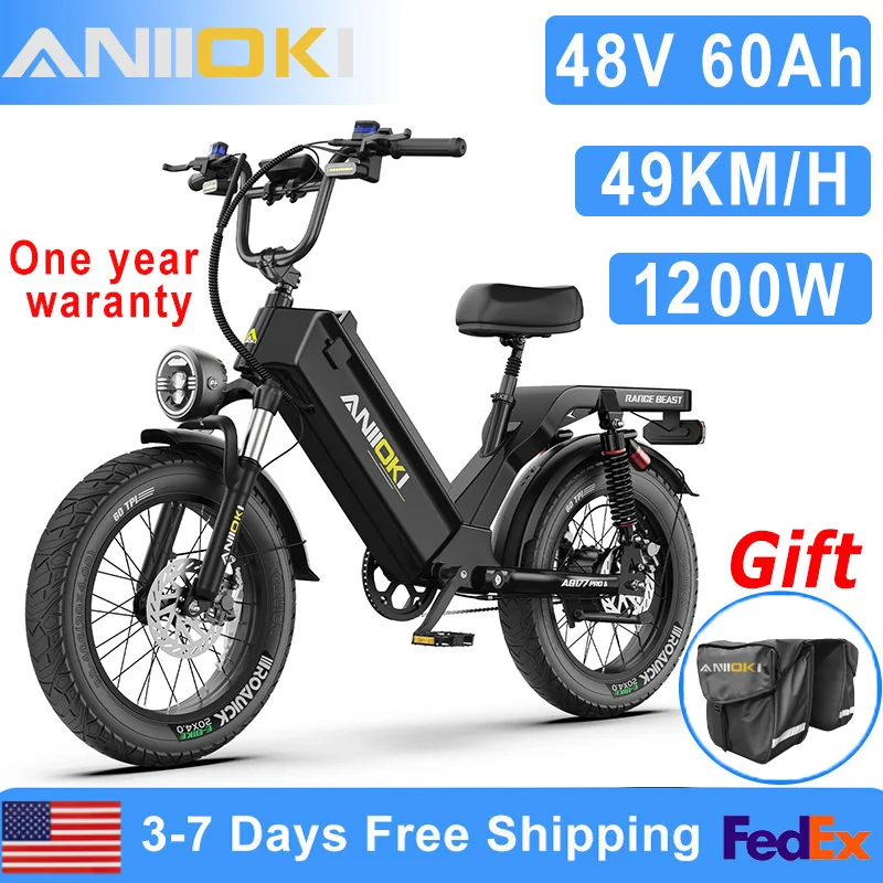 

Aniioki Ebike aq177 pro max Adult Electric bike 1200W Peak Motor 48V60Ah Long Battery Life Fat Tires 20" 48km/h Electric Bicycle