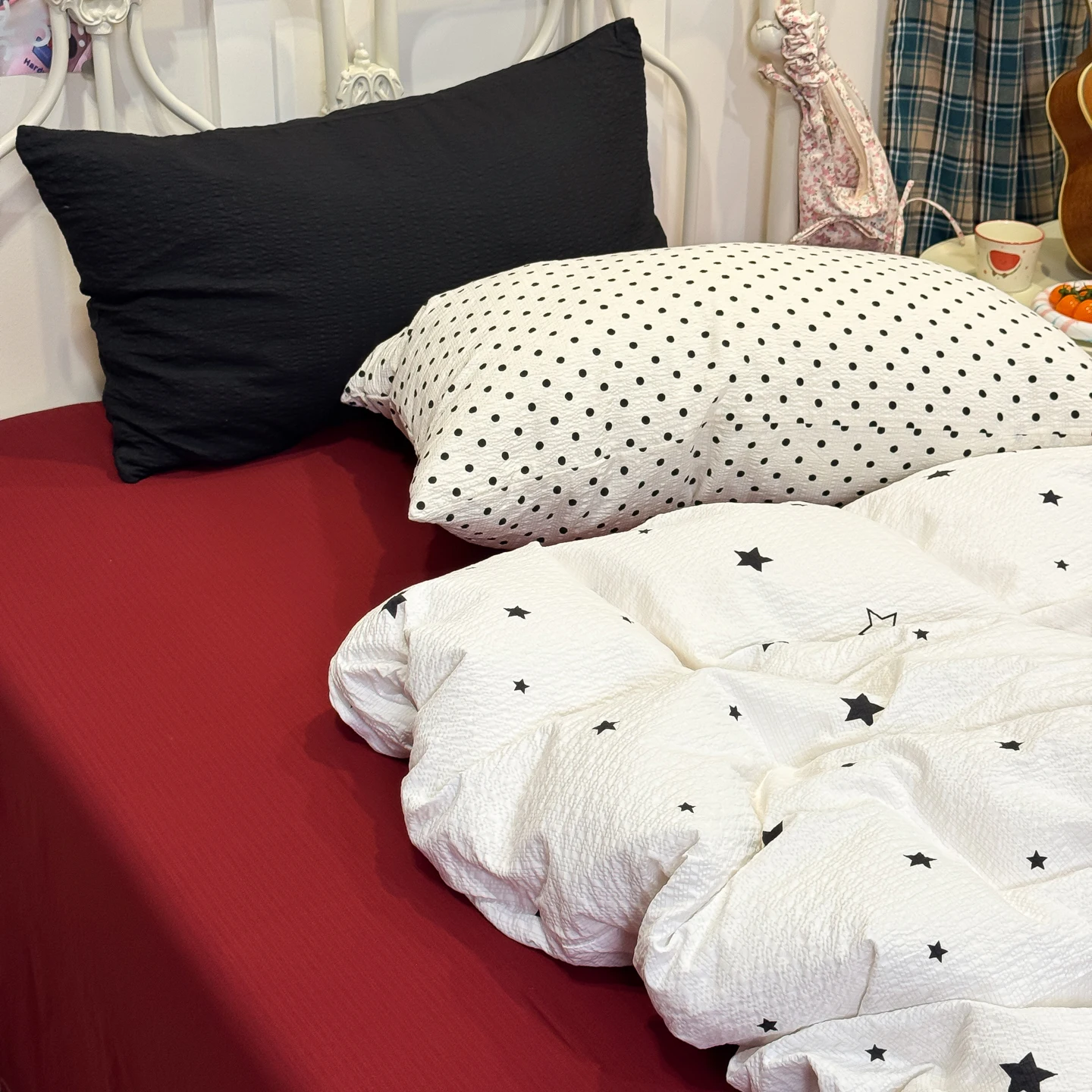 Korean Ins-style Bedding Set White Red Star Polka Dot Comfortable Duvet Cover Set Sheet Set for Home Bedroom Deocr Birthday Gift
