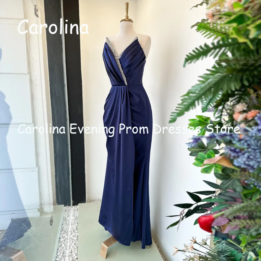 

Carolina Satin Mermaid V-neck Sequins Ruffle Prom Gown Floor Length Saudi Evening Formal Elegant Party Dress for Women 2023