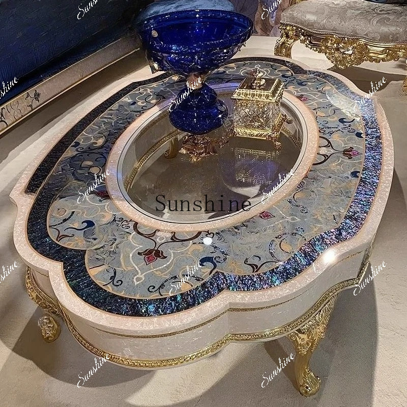 Hollow coffee table living room household French painted shell parquet oval coffee tea table  FT