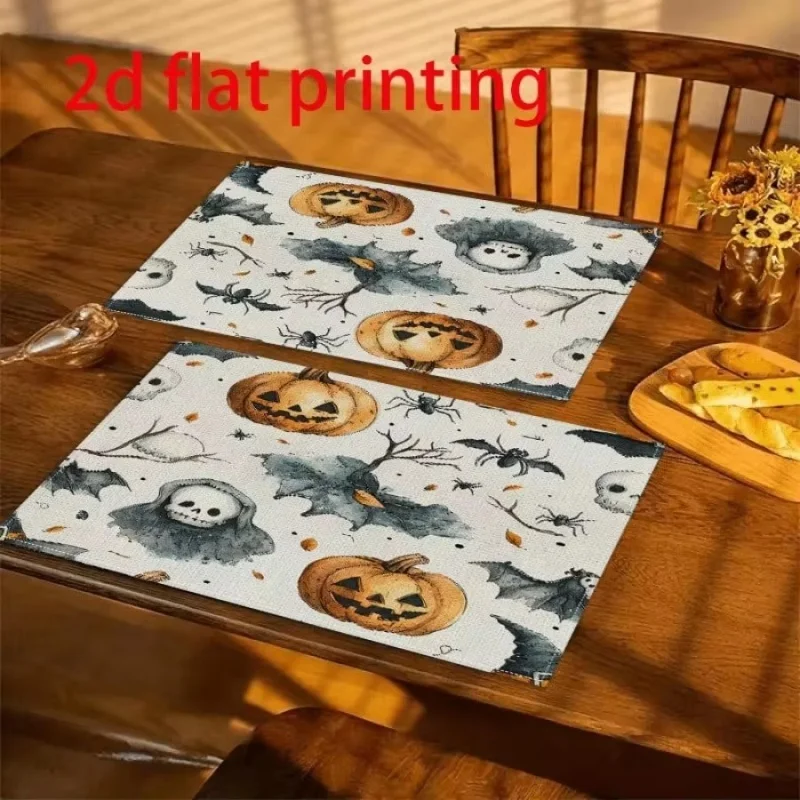 Halloween Dancing Skeleton Spider Web Linen Placemats Happy Halloween Party Heat‑Resistant Washable Dining Table Mats