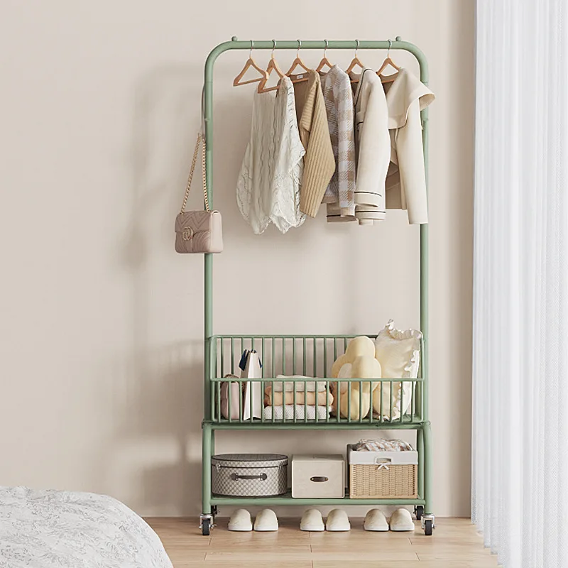 Iron Stand Floor Clothes Rack Bedroom Clothes Handger Removable Clothes Storage Shelf with Storage Basket Corner Coat Rack