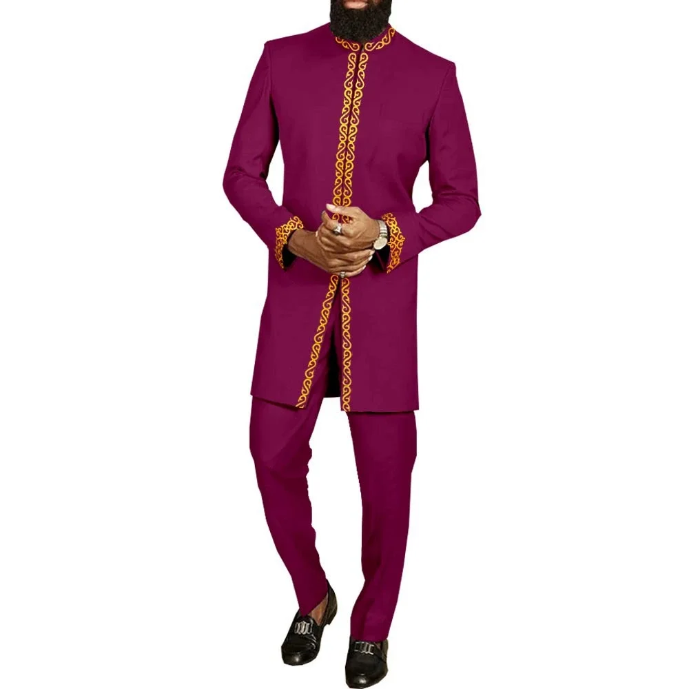 White Kaftan Men's Suit Embroidery Floral Top Pants Kaunda Suit African Casual Outfits Wear Traditional 2PCS Set Wedding Tuxedo