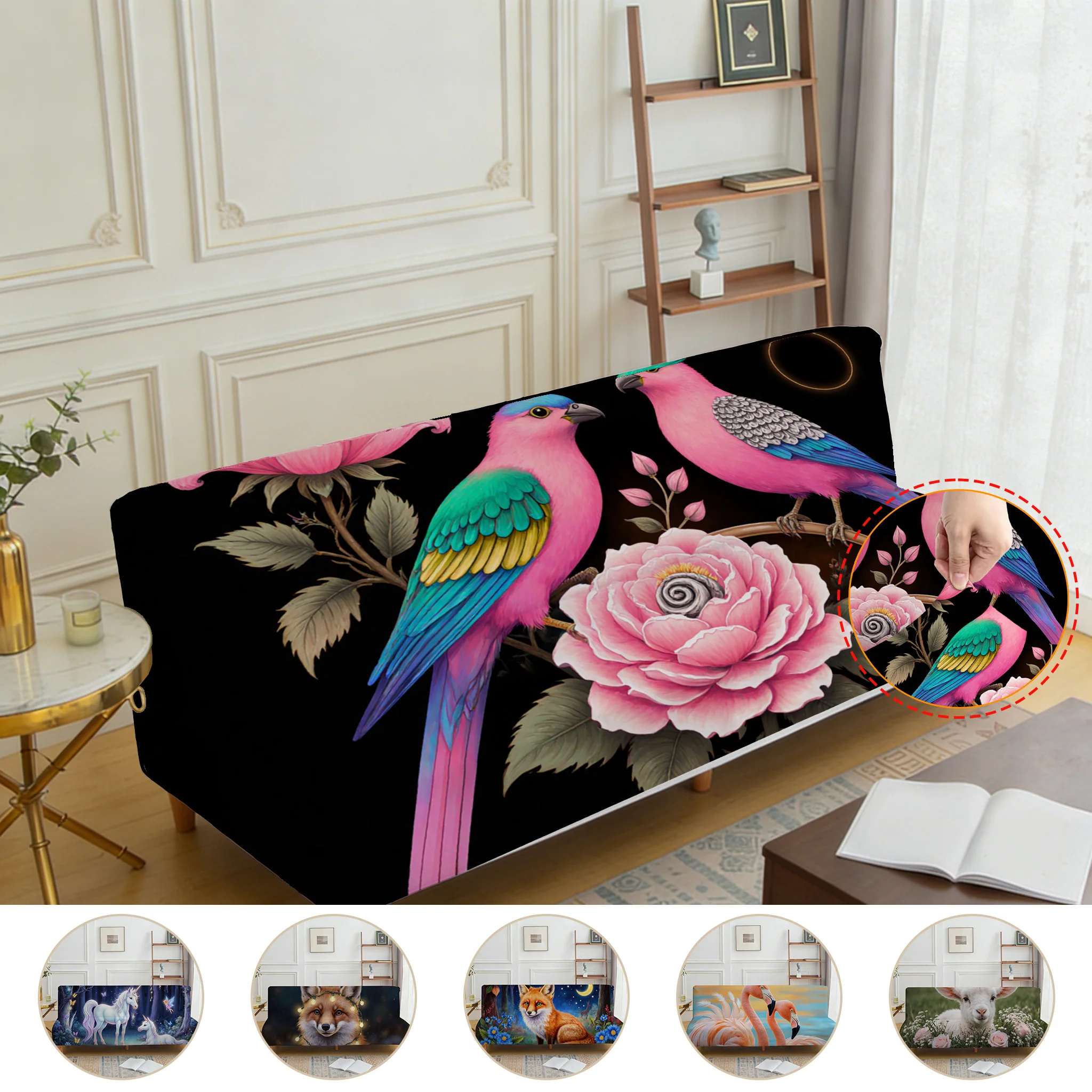 Armrest-free elastic printed sofa bed cover, living room home decoration, pink peony parrot pattern on black background