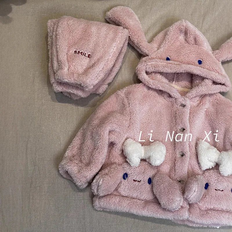 Sanrios Child Hooded Velvet Suit Cartoon Cinnamoroll Kawaii Winter Autumn Keep Warm New Anime Lounge Clothes Embroidery Suit