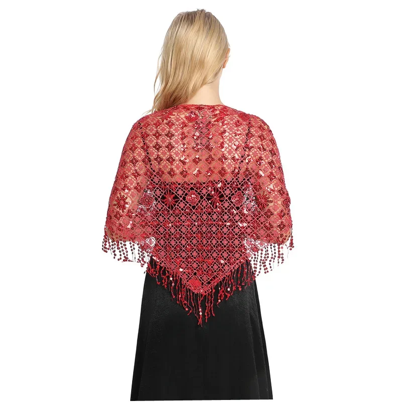 Spring Autumn Style Sequin Tassel Scarf Sequin Cape Dinner Party Capes Women Tassel Cape Cloak Lady Ponchos Red