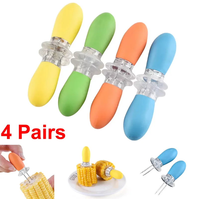 Tenedores de acero inoxidable para barbacoa, soporte para horquillas, pinchos, horquillas para perritos calientes, frutas, maíz en la mazorca, utensilios de cocina, 4 pares