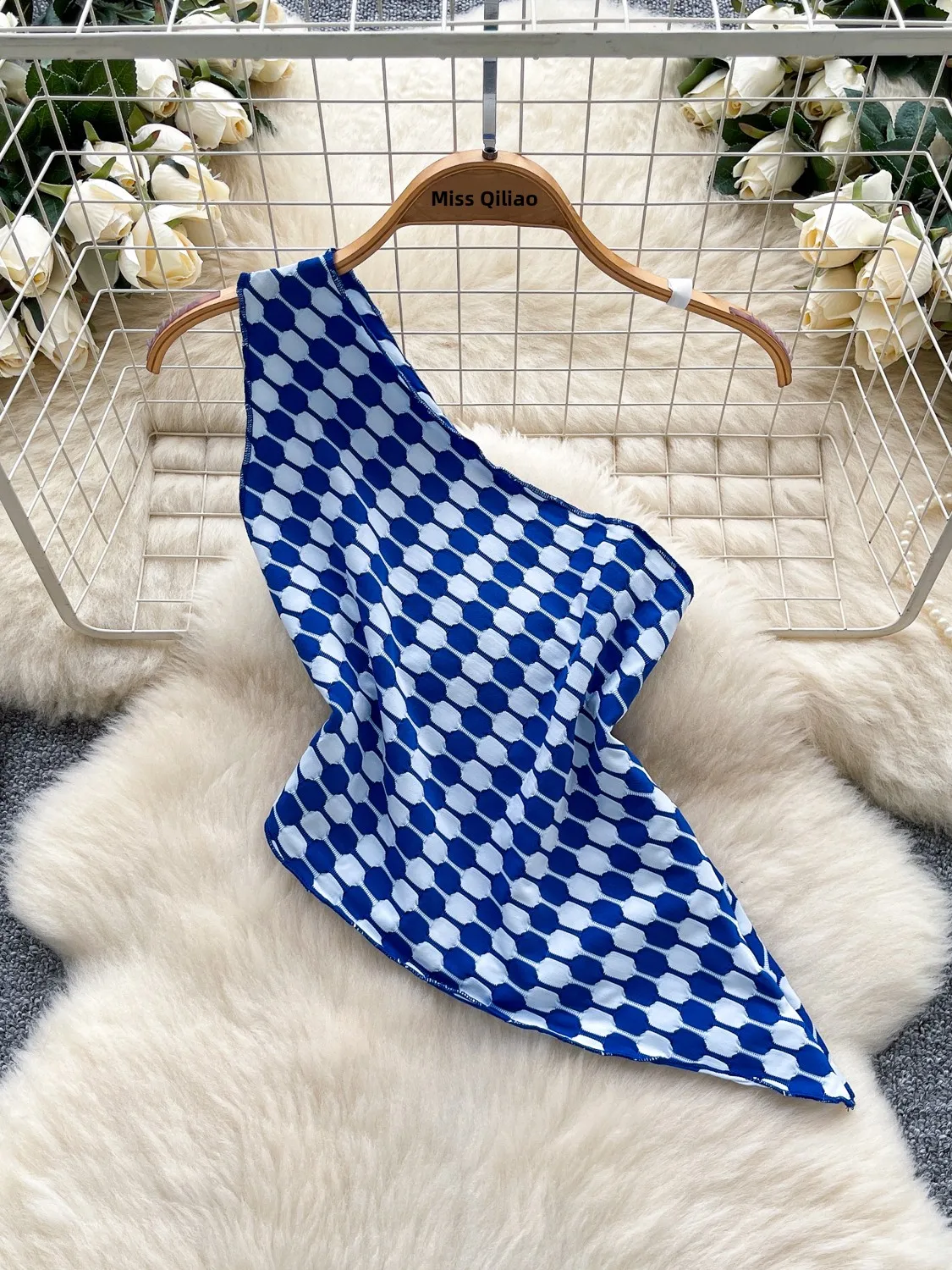 توب أنبوبي فاخر بنقشة مربعات للنساء، تصميم صيفي غير متماثل، قميص أنيق وفريد بياقة جانبية مطبوعة، نمط عملي ضيق #3