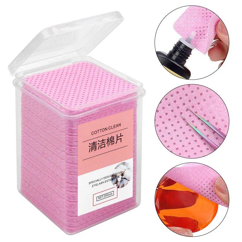 200PCS Glue False Eyelashes Cleaning Cloth Lash Glue Cleaning Cotton Pads Pink Eyelash Glue Clean Cotton Pads Glue Cotton Sheet