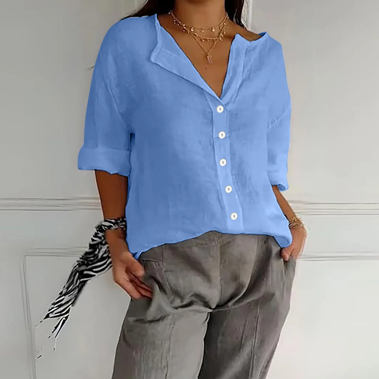 

Summer Loose Shirt Women's V-Neck Cotton Linen Button Top Casual Shirts Solid Fashion Elegant Office Womens Clothing 2025 Blouse