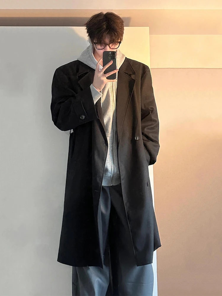 

Cleanfit Men's Bla Woolen Coat Winter High-End Feeling Haome Long Windbreaker Korean Sle Woolen Jaet Warm Cold-resis...