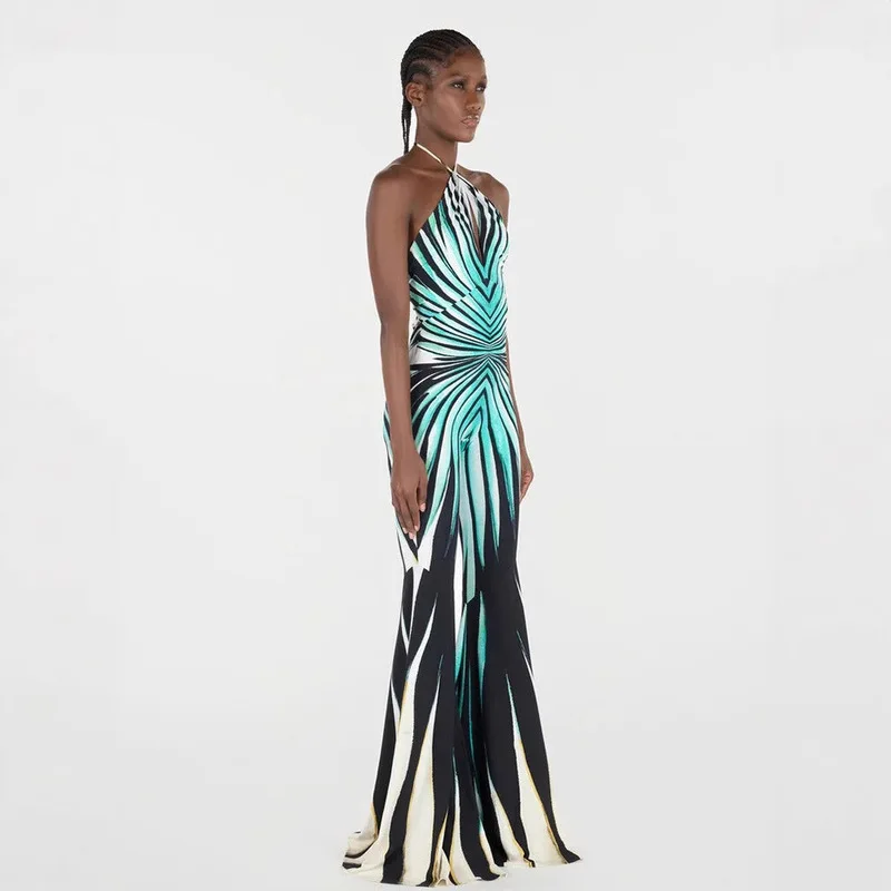 Y2k Geometric Gradient Stripe Jumpsuit Women Casual Tie Halter Front Keyhole Backless Slim Flared Floor Long Pant Night Out Wear