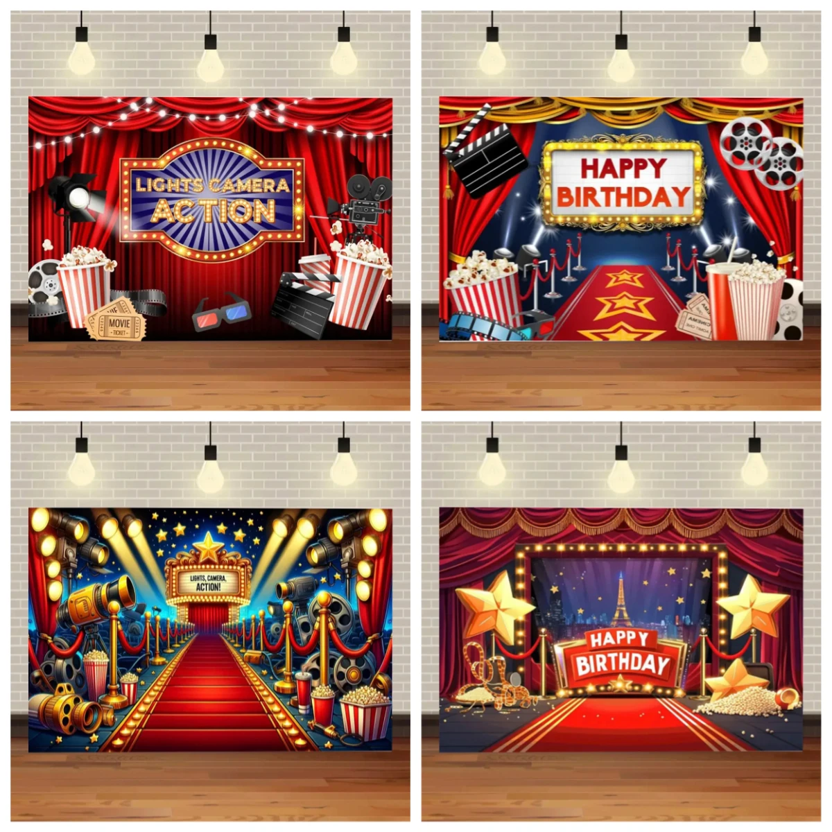 

Cinema Film Theme Birthday Party Backdrop Red Carpet Popcorn Stage Birthday Party Photocall Photography Background Photo Studio