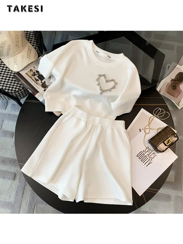 2023 Summer Korean Casual Style Two-piece Set Women Short Sleeve Heart Decoration T-shirts+Elastic Waist Shorts Sport Shorts Set