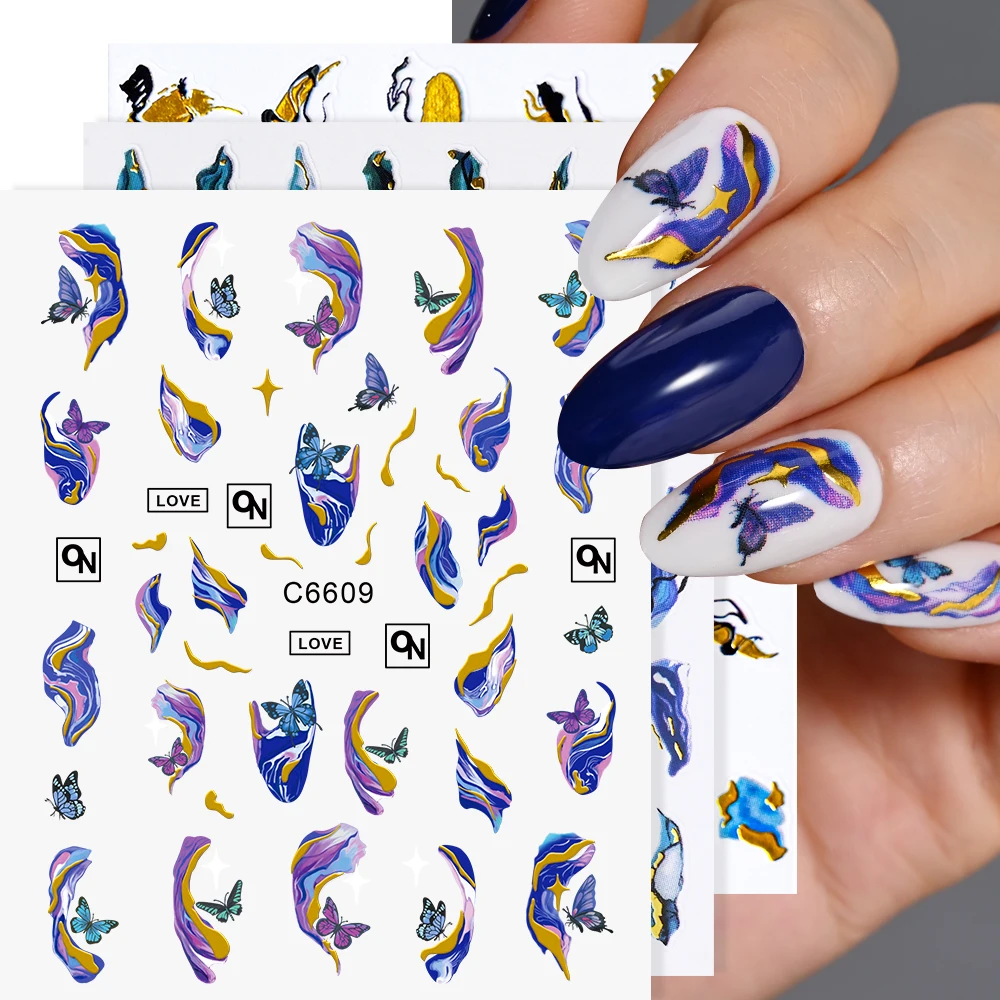 Purple Marble Smoky Nails Sticker 3D Golden Wave Lines Flowers Butterfly Spring Summer Design Decals Manicure Nail Art Sliders