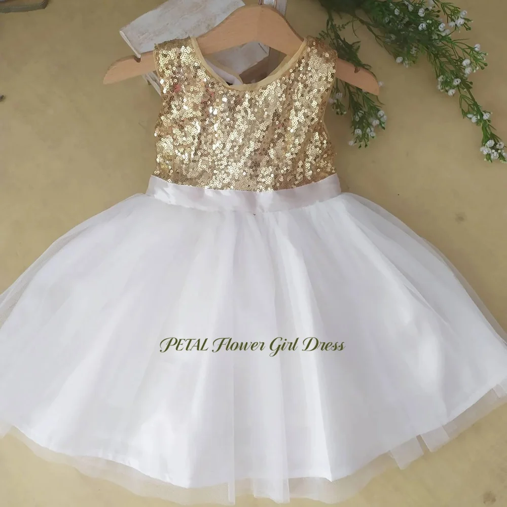 

Petal Gold Glitter Flower Girl Dress A Line Girls Princess Dress with Sequins Fluffy Kids Birthday Party Gowns Customized