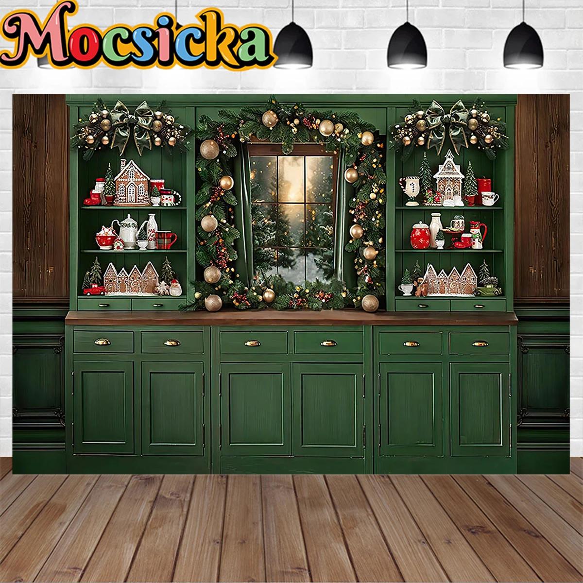 Fondo de gabinete verde Retro para fotografía de Navidad, Fondo de foto de cocina familiar, corona de bola de Navidad dorada, decoración de cabina de ventana